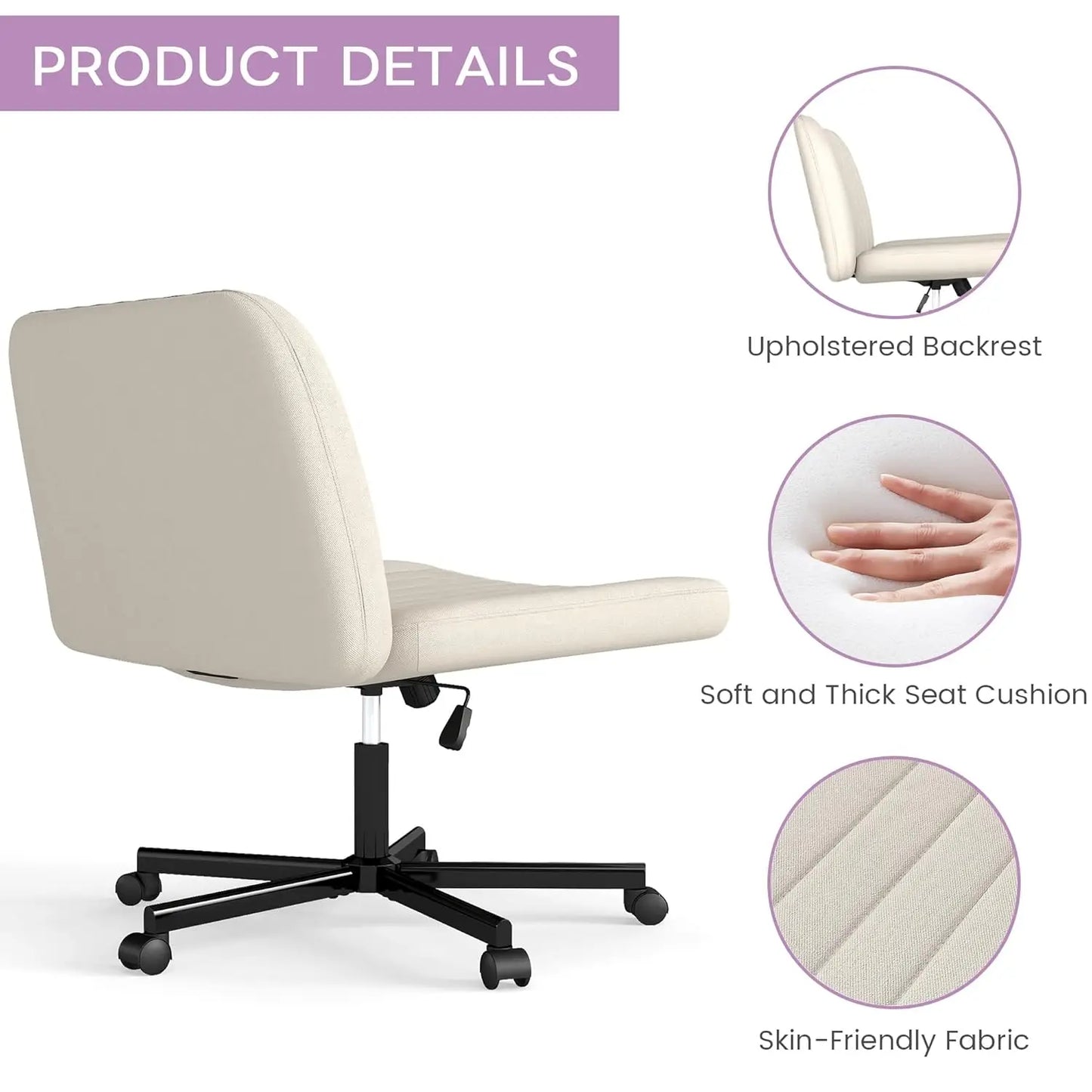 Criss Cross Chair, Extra Wide Armless Rolling Office Desk Chair with Wheels, Plus Size Viral Vanity Legged Chair, Bedroom Beige