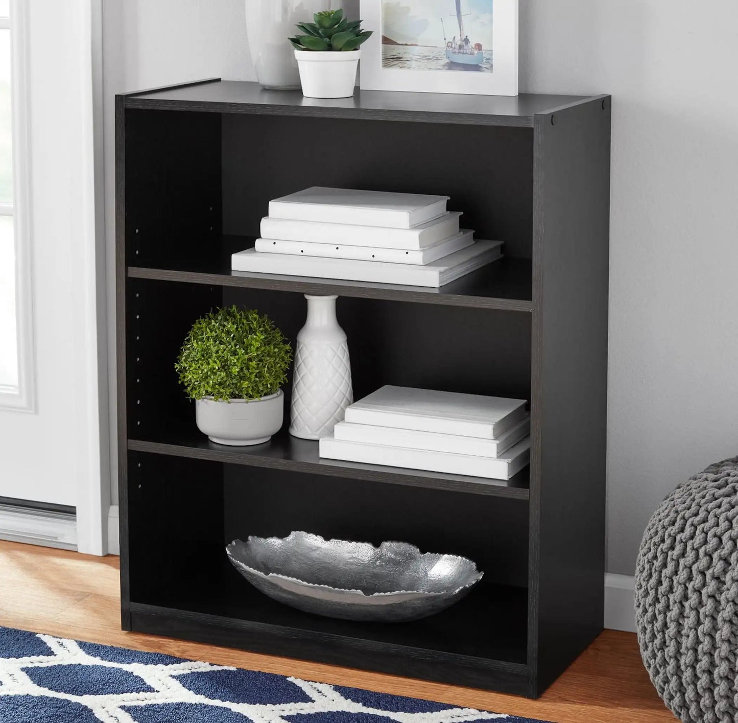 3-Shelf Bookcase with Adjustable Shelves, White/Solid Wood/Closed Back/Display Bookshelf for Living Room, Bedroom,