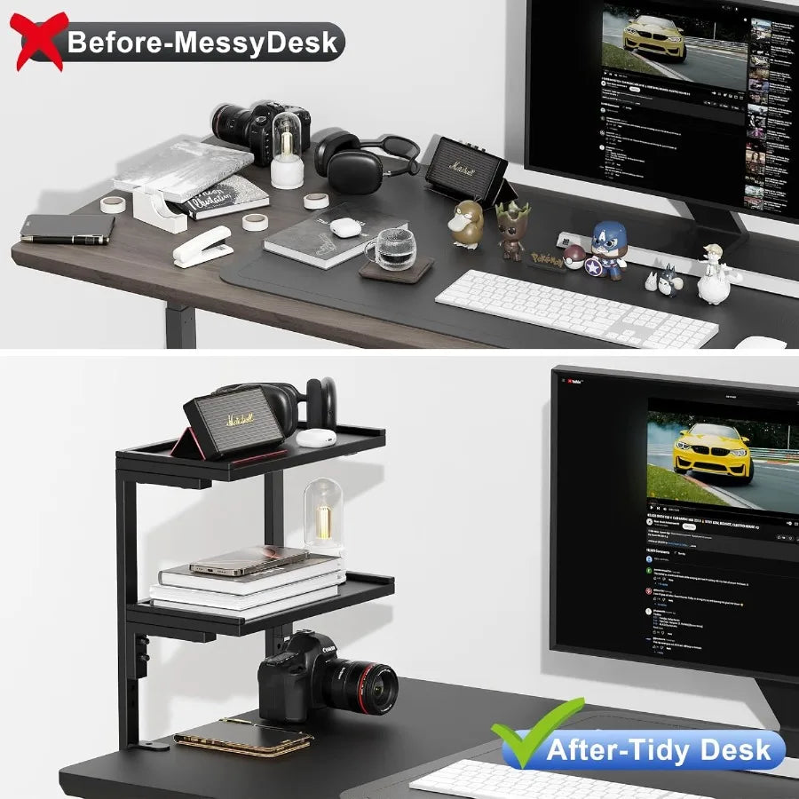 clamp on Desk Shelf 2 Tier Office Desk Shelves Organizer Wood Desktop Supplies Storage Rack Desk Organizers and Accessories Bla