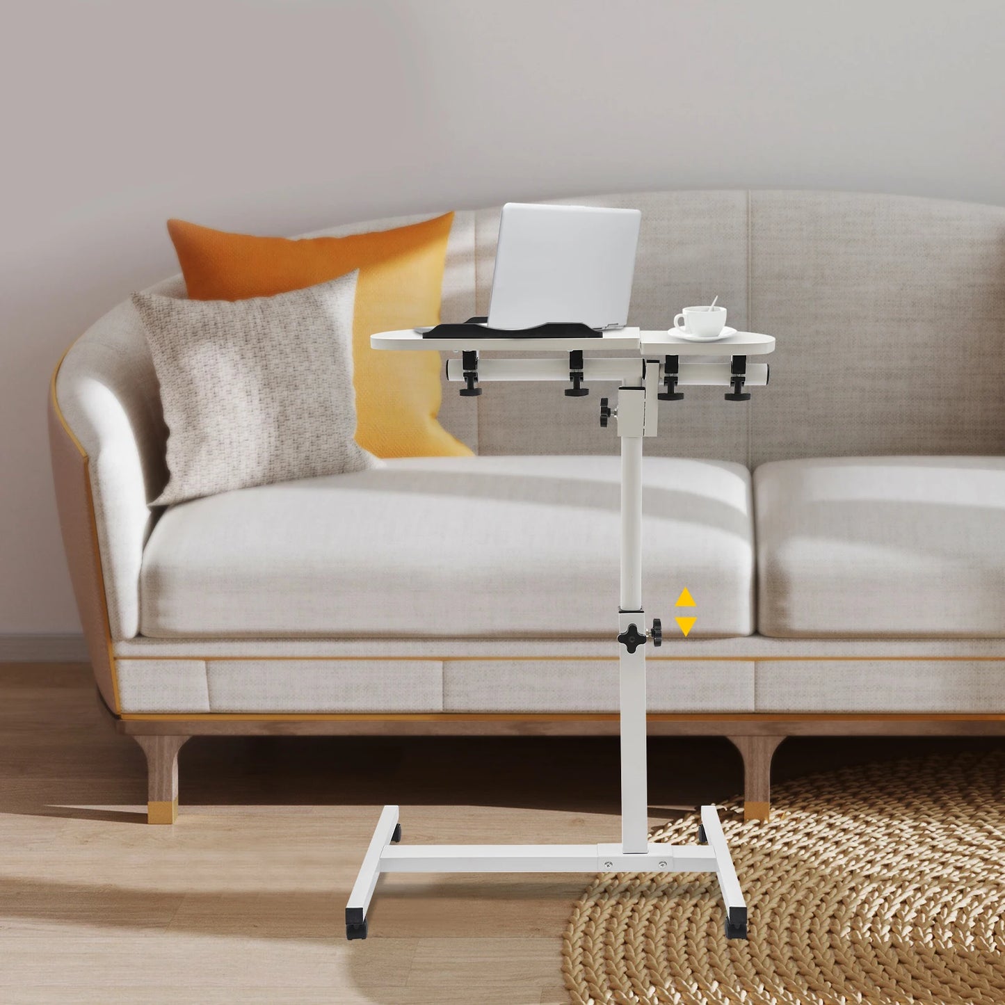 Adjustable White Laptop Table Stand with Lockable Wheels Portable Height Tilt for Home Office Bedroom Space Saving