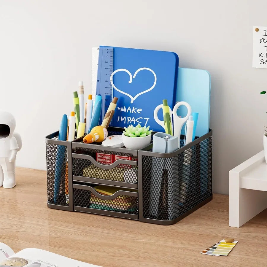 Mesh Desk Organizer Pen Organizer with 2 Drawer MultiFunctional Pencil Holder Desk Organizers and Accessories with 5 Compartmen
