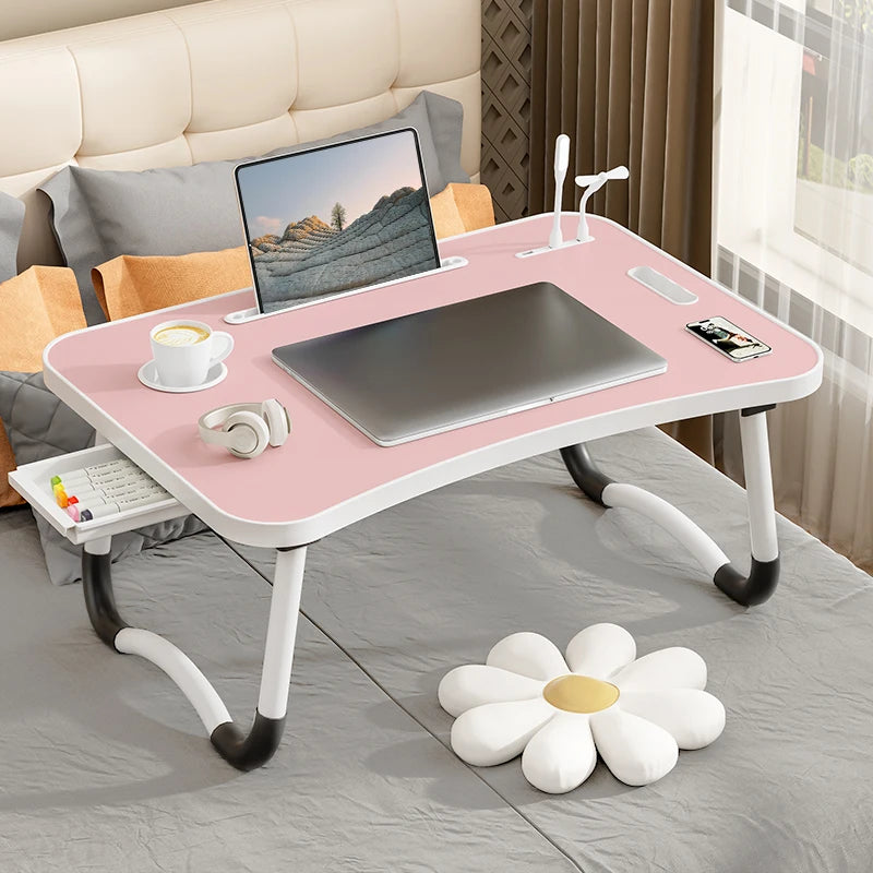 All-in-One Portable Laptop Desk with Cooling Fan & USB Light - Foldable Bed Tray Table with Cup Holder, Tablet Slot & Handle