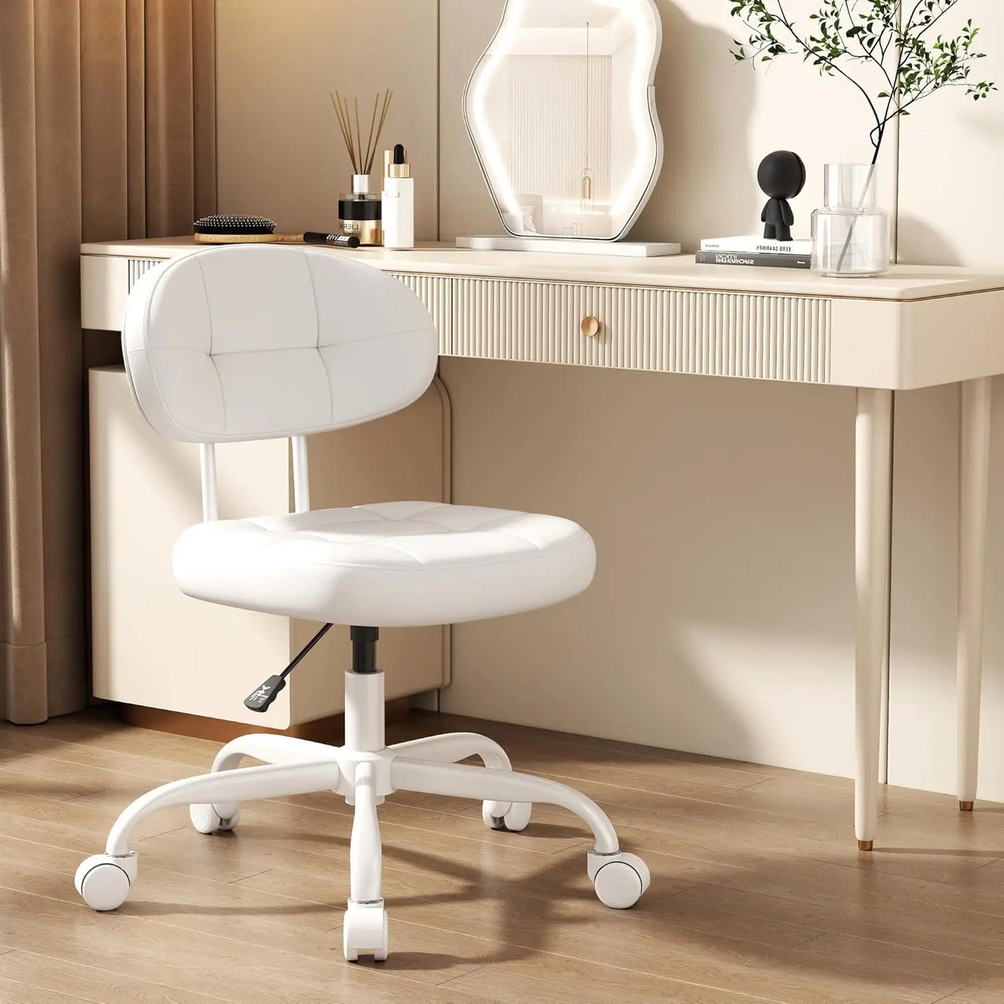 Vanity Chair with Back, Small Armless Cute office Chair with wheels and Lumbar support, Comfy PU Leather Desk Computer Chairs wi