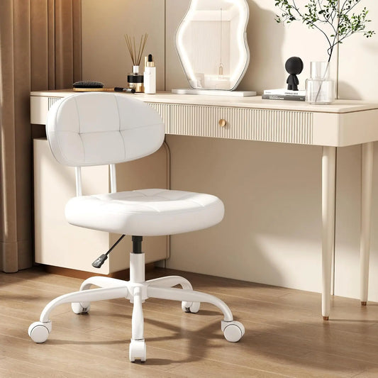 Vanity Chair with Back, Small Armless Cute office Chair with wheels and Lumbar support, Comfy PU Leather Desk Computer Chairs wi
