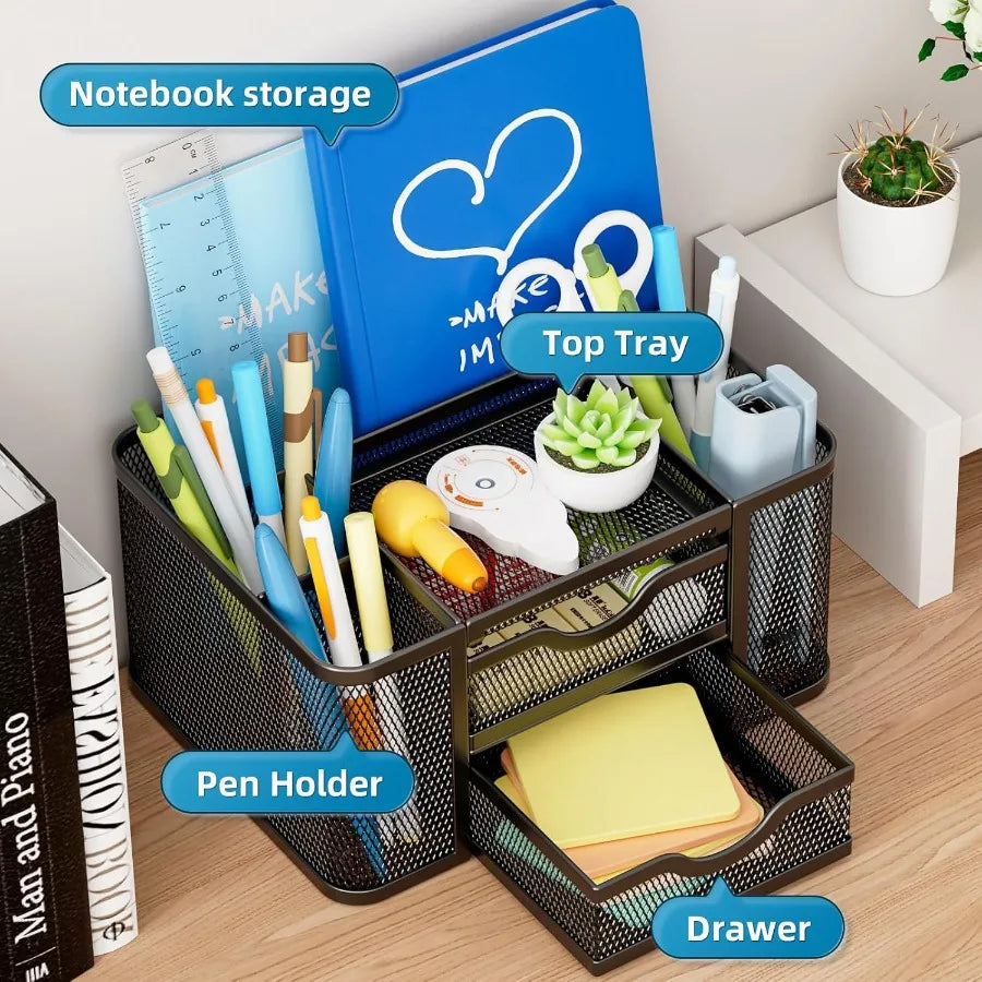 Mesh Desk Organizer Pen Organizer with 2 Drawer MultiFunctional Pencil Holder Desk Organizers and Accessories with 5 Compartmen