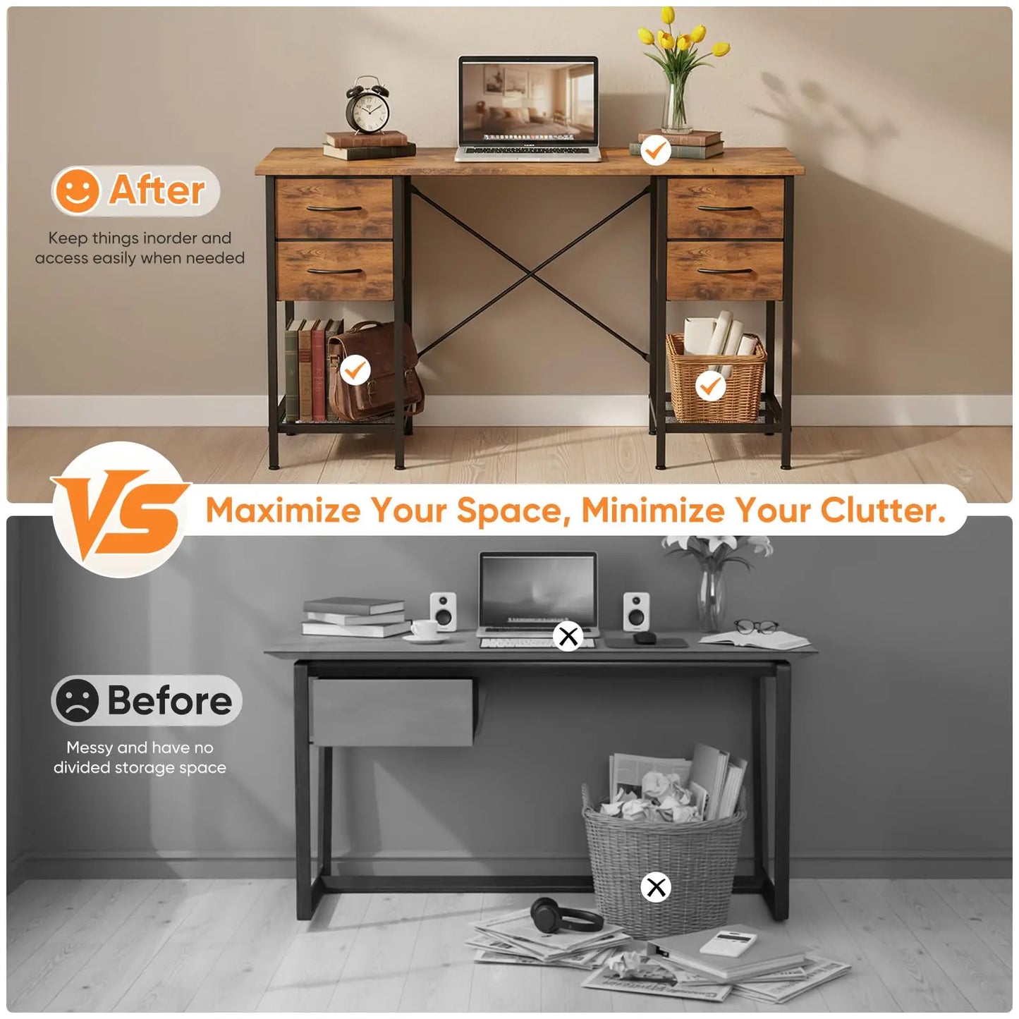 JHK Computer Desk 55 Inch with 4 Drawers Home Office Table with Mesh Shelf for Work Writing Gaming Storage Furniture for Bedroom