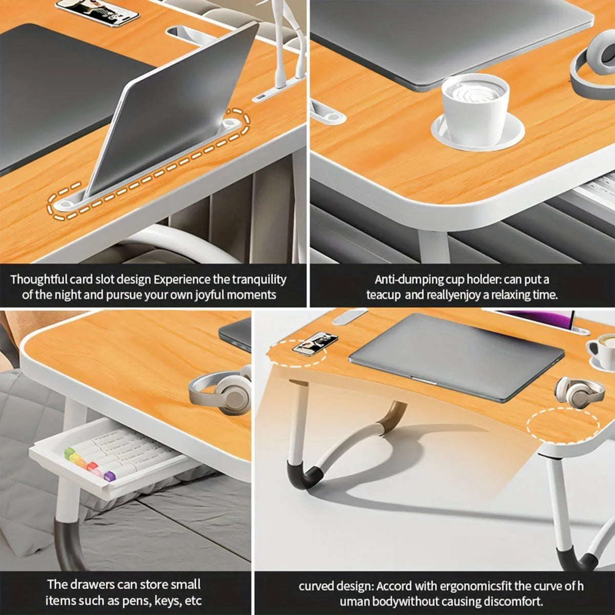 All-in-One Portable Laptop Desk with Cooling Fan & USB Light - Foldable Bed Tray Table with Cup Holder, Tablet Slot & Handle