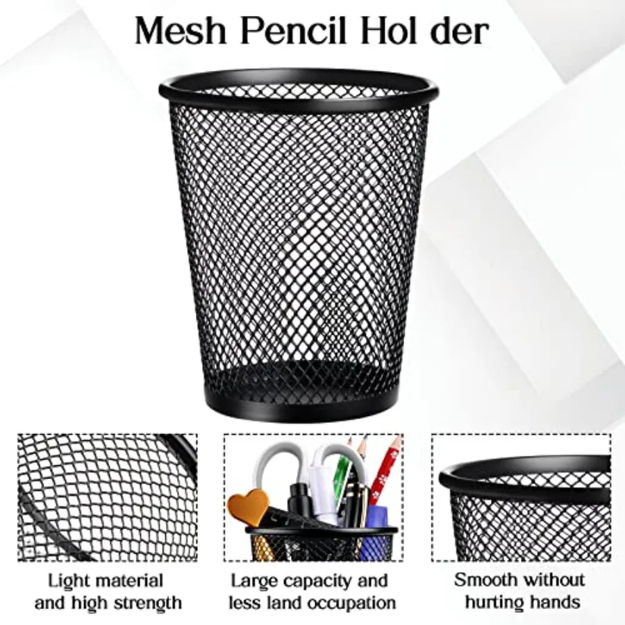 Leelosp 6 Pcs Pen Holder Mesh Pen Cup Bulk Metal Pencil Cup Holder for Desk Black Organizer Round Office Classroom for Back to