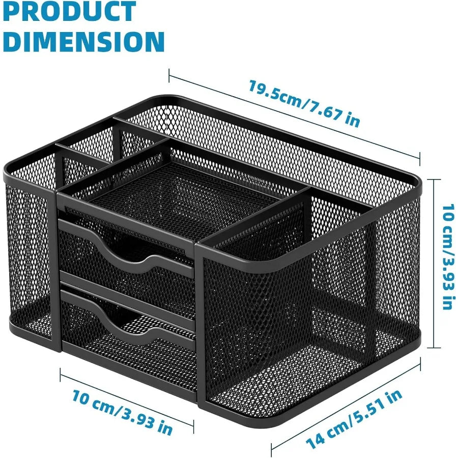 Mesh Desk Organizer Pen Organizer with 2 Drawer MultiFunctional Pencil Holder Desk Organizers and Accessories with 5 Compartmen