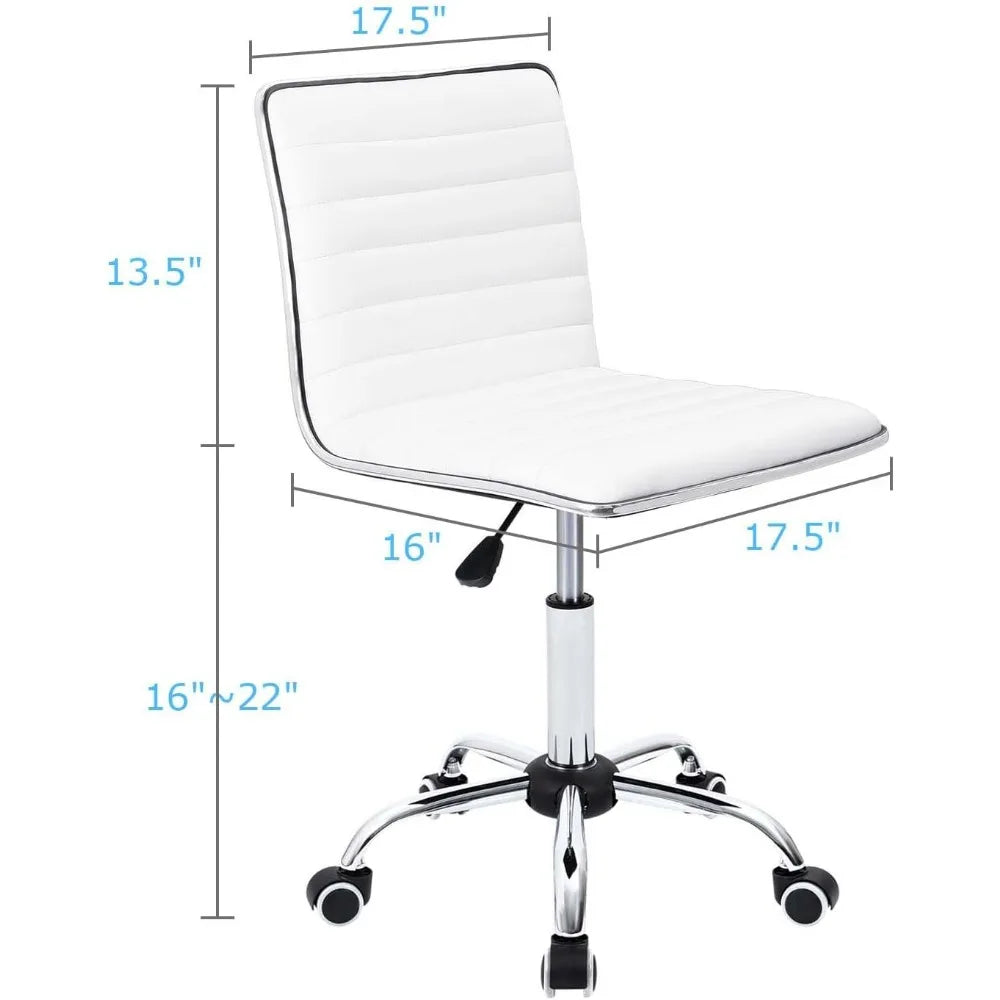 Furmax Mid Back Vanity Chair Makeup Room Low Back PU Leather Swivel Computer Desk Task Office Chair Retro Armless Ribbed (White)