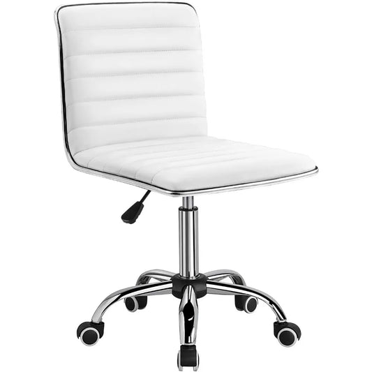 Furmax Mid Back Vanity Chair Makeup Room Low Back PU Leather Swivel Computer Desk Task Office Chair Retro Armless Ribbed (White)