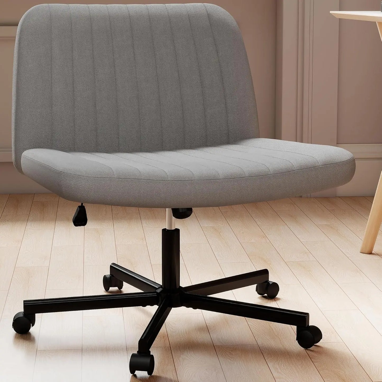 Criss Cross Chair, Extra Wide Armless Rolling Office Desk Chair with Wheels, Plus Size Viral Vanity Legged Chair, Bedroom Beige