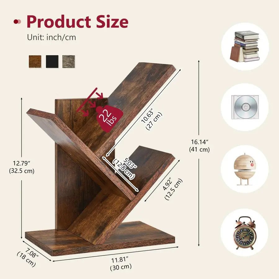 Tajsoon Tree Bookshelf 3 Tier Book Shelves Storage Organizer, Desktop Bookshelf Floor Standing Bookcase Display for Magazine Bo