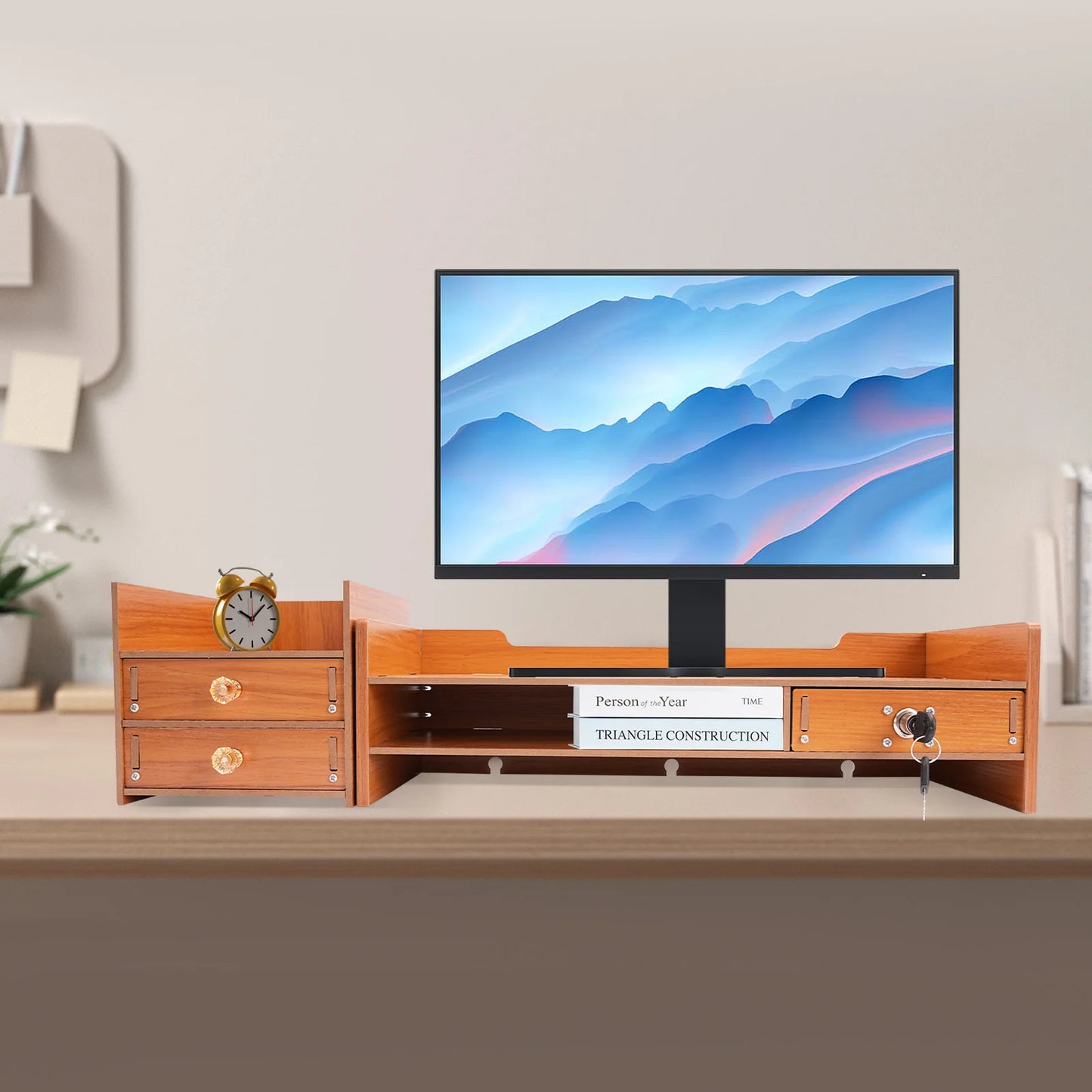 10kg Capacity Wood Monitor Stand, Ergonomic Desktop Organizer for Home Office, Space-Saving Computer Riser