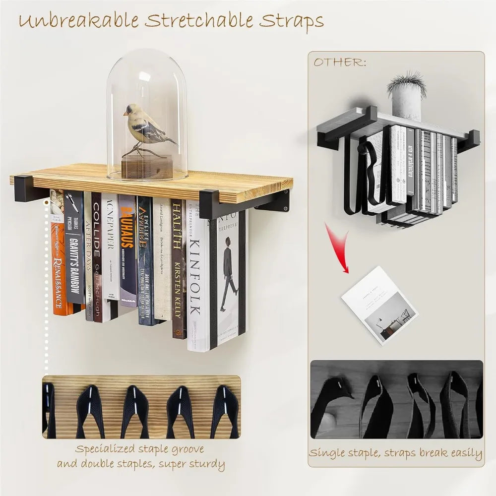 2 Set Floating Bookshelf, Pine Wood Invisible Wall Shelves, Space Saving Bookcase (16.5L×8.7W×1.5H)