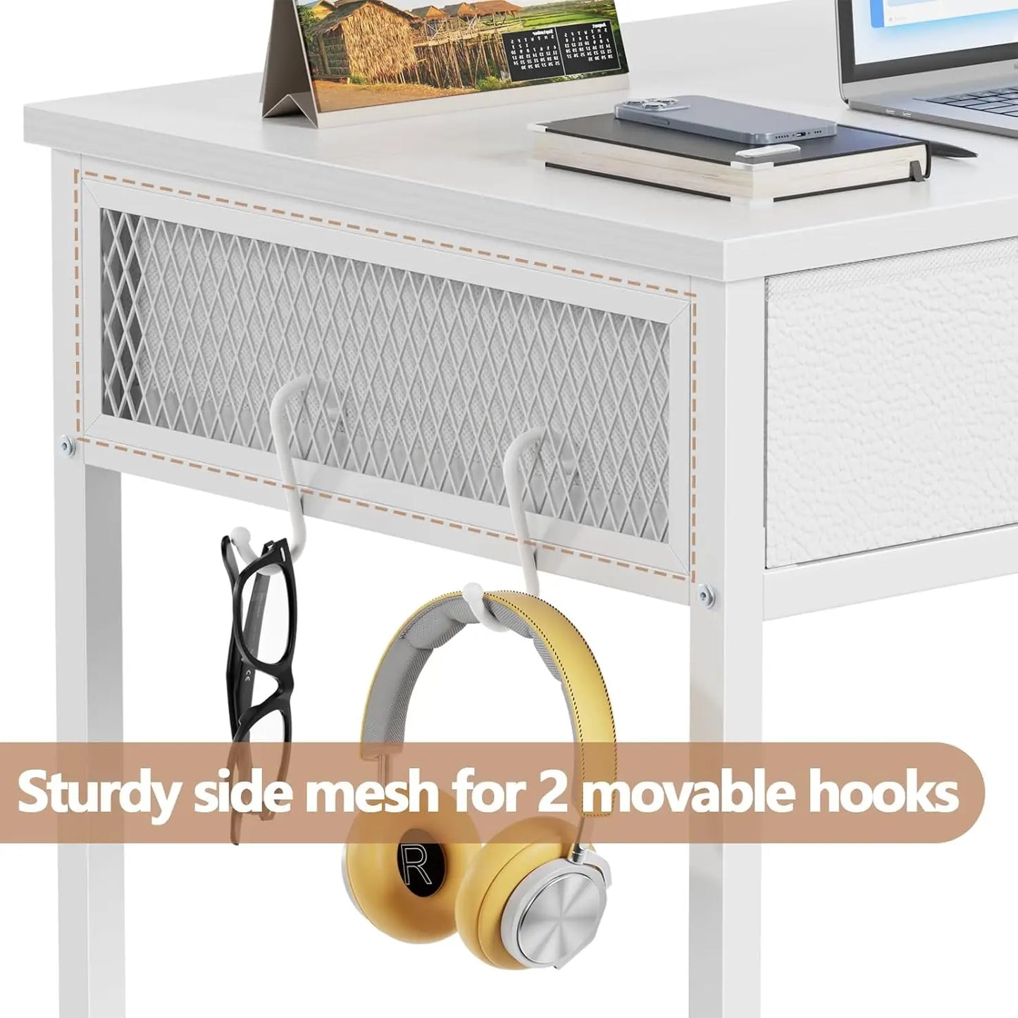 Small White Computer Desk with 2 Fabric Drawers, 34 Inch Home Office Writing Vanity Study Table for Small Spaces