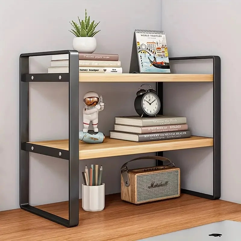 LUSQI 2 tier Shelf Desktop Storage Bookshelf Student Desk Shelves Racks Office Computer Desk Tiered Cabinet Home Storage Holders