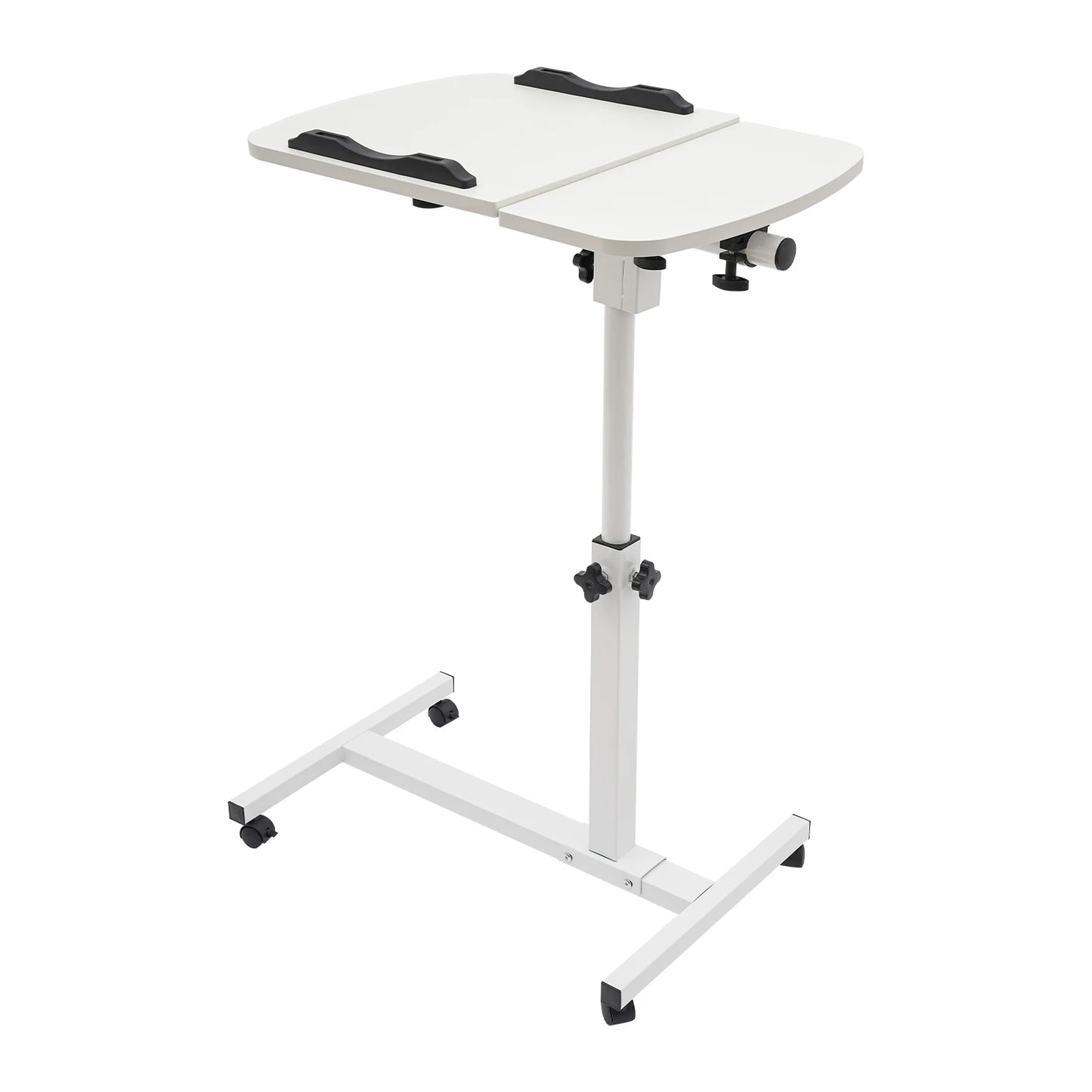 Adjustable White Laptop Table Stand with Lockable Wheels Portable Height Tilt for Home Office Bedroom Space Saving