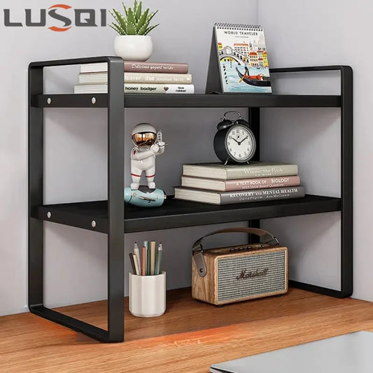 LUSQI 2 tier Shelf Desktop Storage Bookshelf Student Desk Shelves Racks Office Computer Desk Tiered Cabinet Home Storage Holders