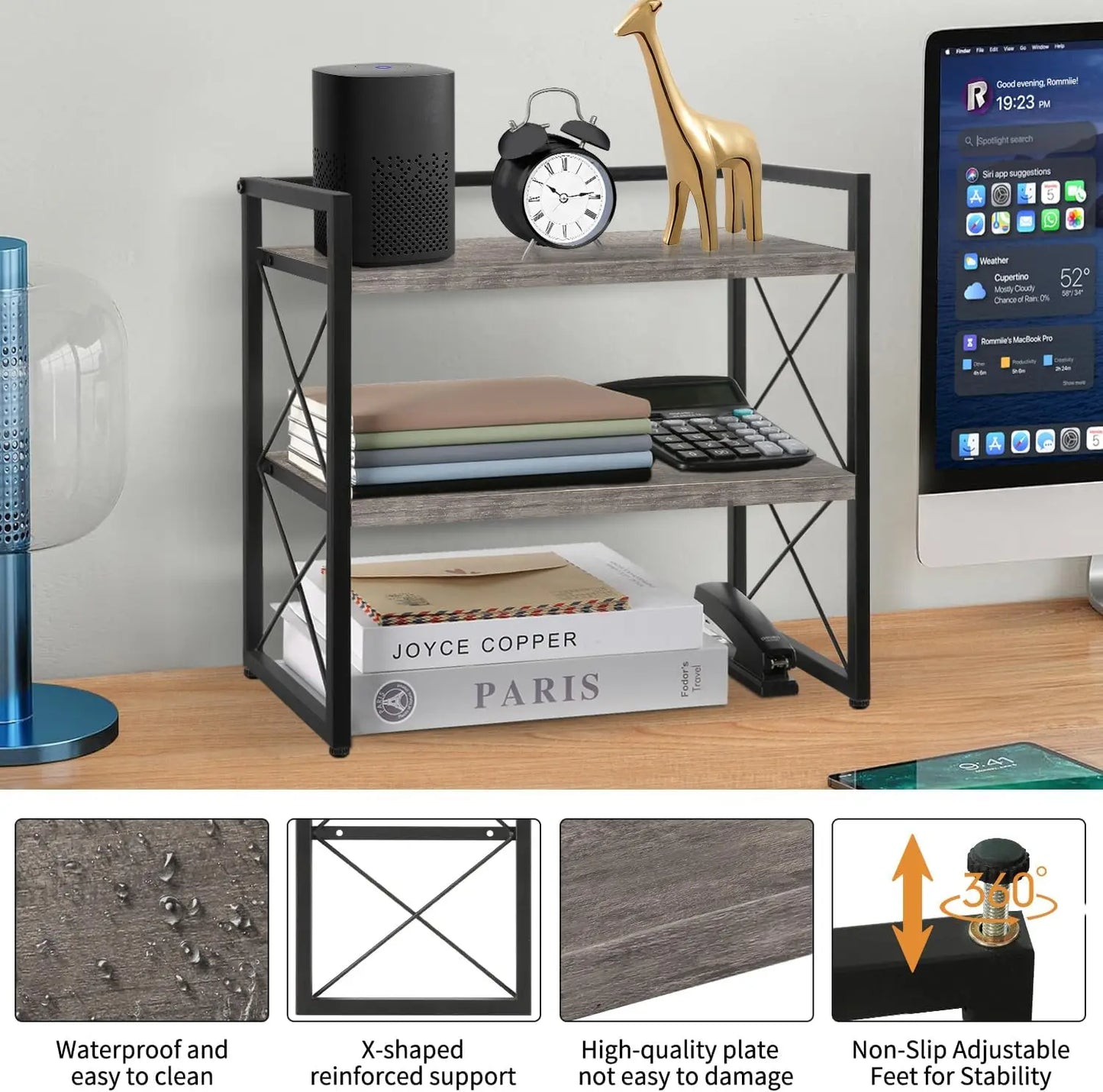 2-Tier Wood Desktop Shelf Organizer, Space-Saving Storage Rack for Office, Home, Dormitory (Grey)