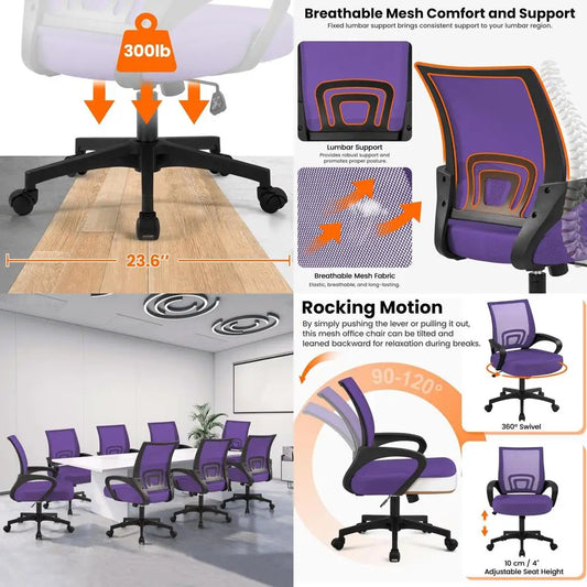 Purple Ergonomic Mesh Office Chair with Lumbar Support, Adjustable Swivel, and Wheels for Comfortable Use at Home or Work