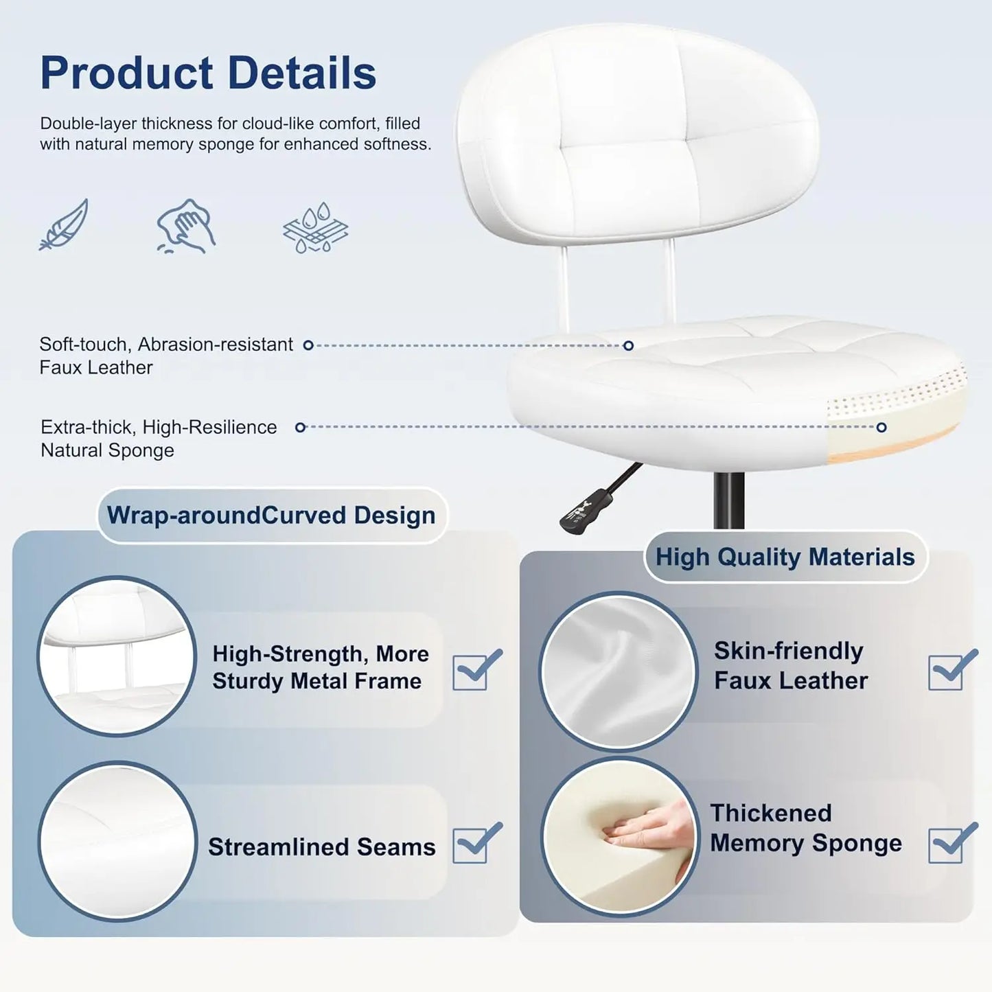 Vanity Chair with Back, Small Armless Cute office Chair with wheels and Lumbar support, Comfy PU Leather Desk Computer Chairs wi