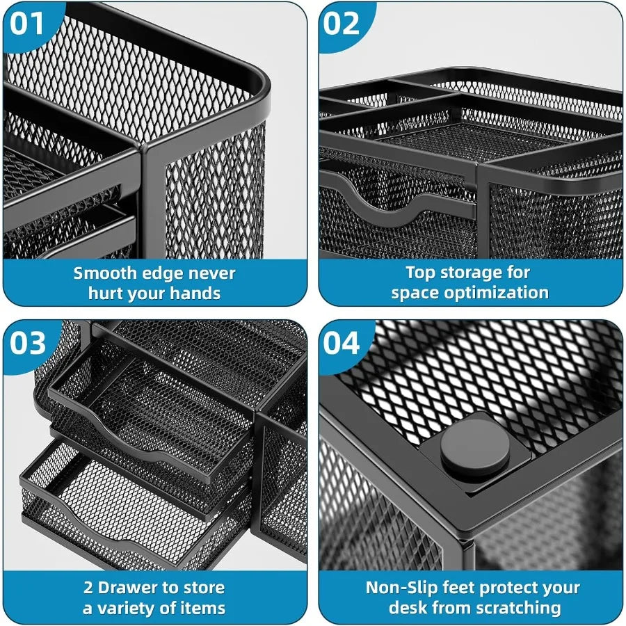 Mesh Desk Organizer Pen Organizer with 2 Drawer MultiFunctional Pencil Holder Desk Organizers and Accessories with 5 Compartmen