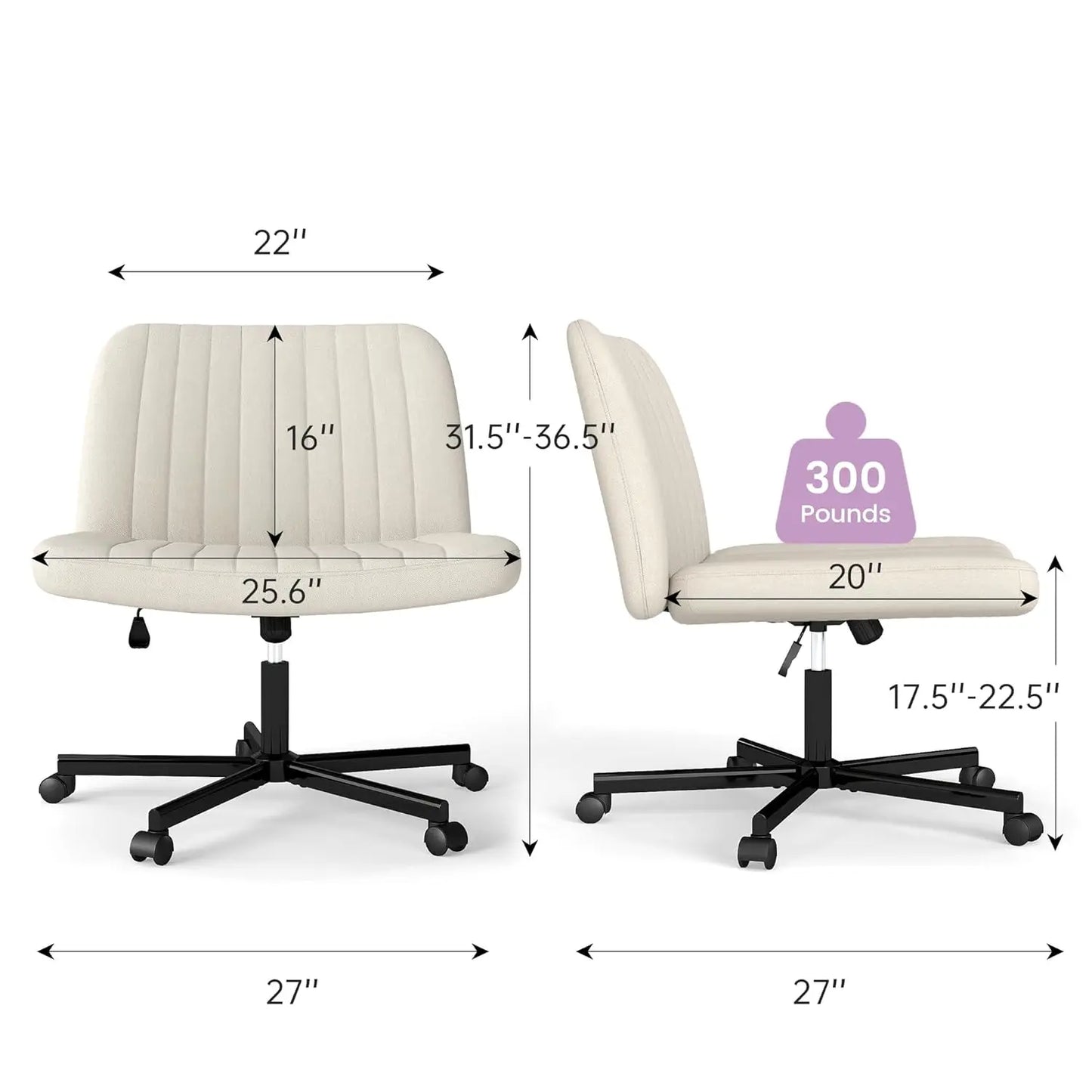 Criss Cross Chair, Extra Wide Armless Rolling Office Desk Chair with Wheels, Plus Size Viral Vanity Legged Chair, Bedroom Beige