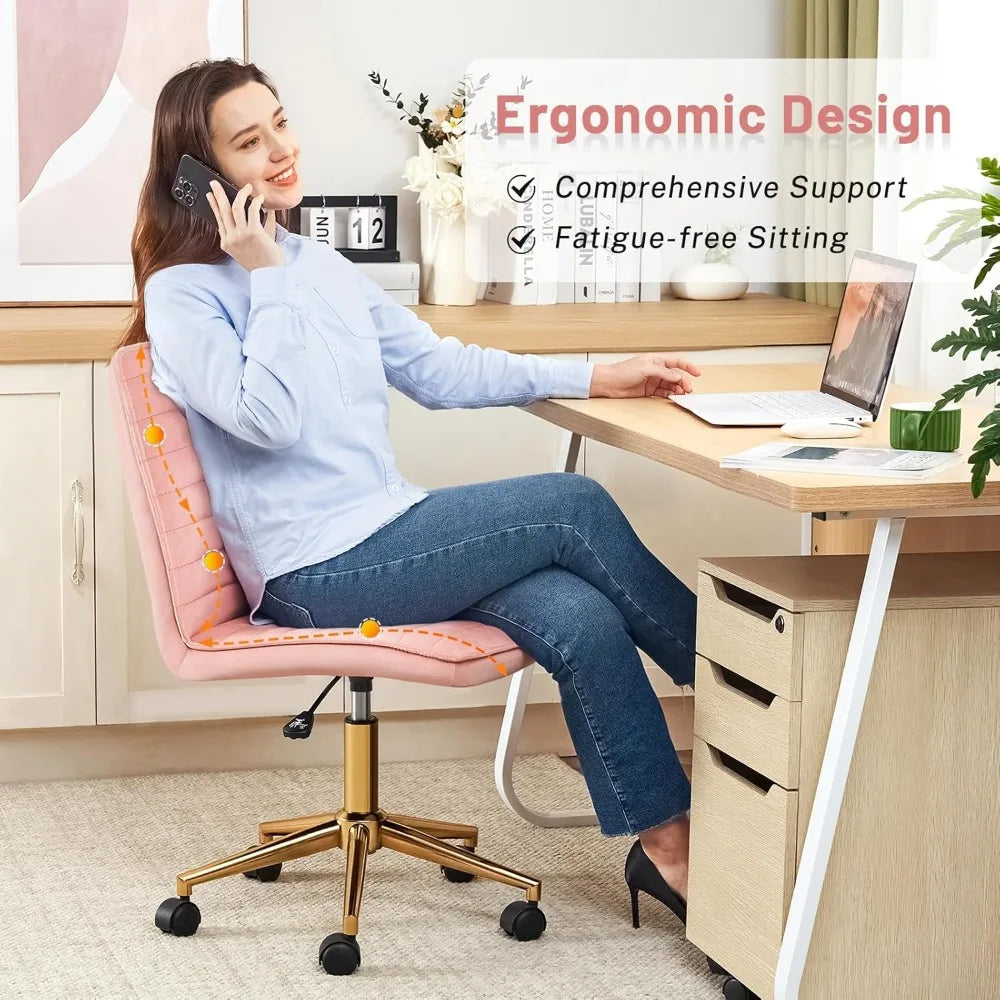 Furniliving Armless Vanity Chair with Wheels, Computer Rolling Desk Chair with Back, Pink Office Chair with Height Adjustable So