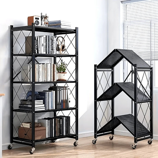 3/4/5-Tier Heavy-Duty Iron Storage Shelf with Rolling Shelves - Heavy-Duty Foldable & Portable Multi-Tier Shelving Unit