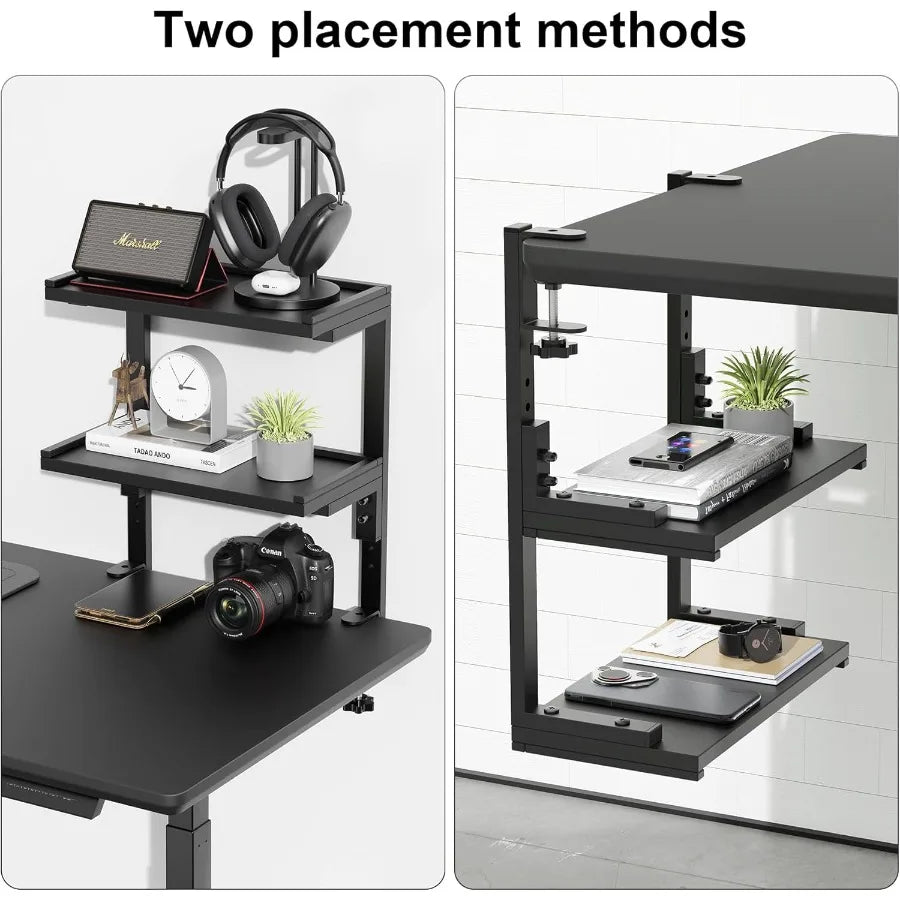 clamp on Desk Shelf 2 Tier Office Desk Shelves Organizer Wood Desktop Supplies Storage Rack Desk Organizers and Accessories Bla