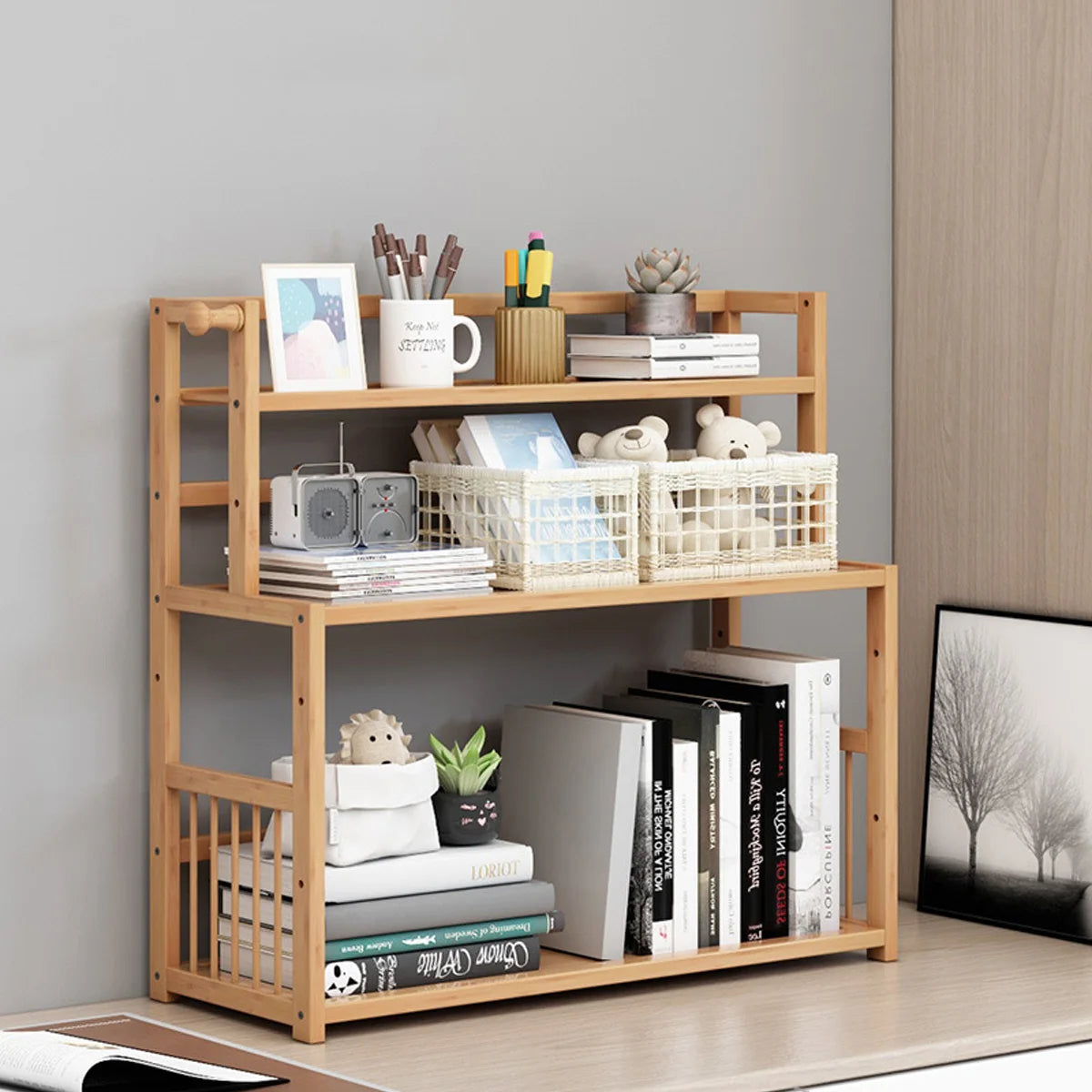 3-Layer Display Shelf Wooden Desktop Storage Rack Simple Tabletop Stand Storage Organizer For Home Decorative Office Bedroom