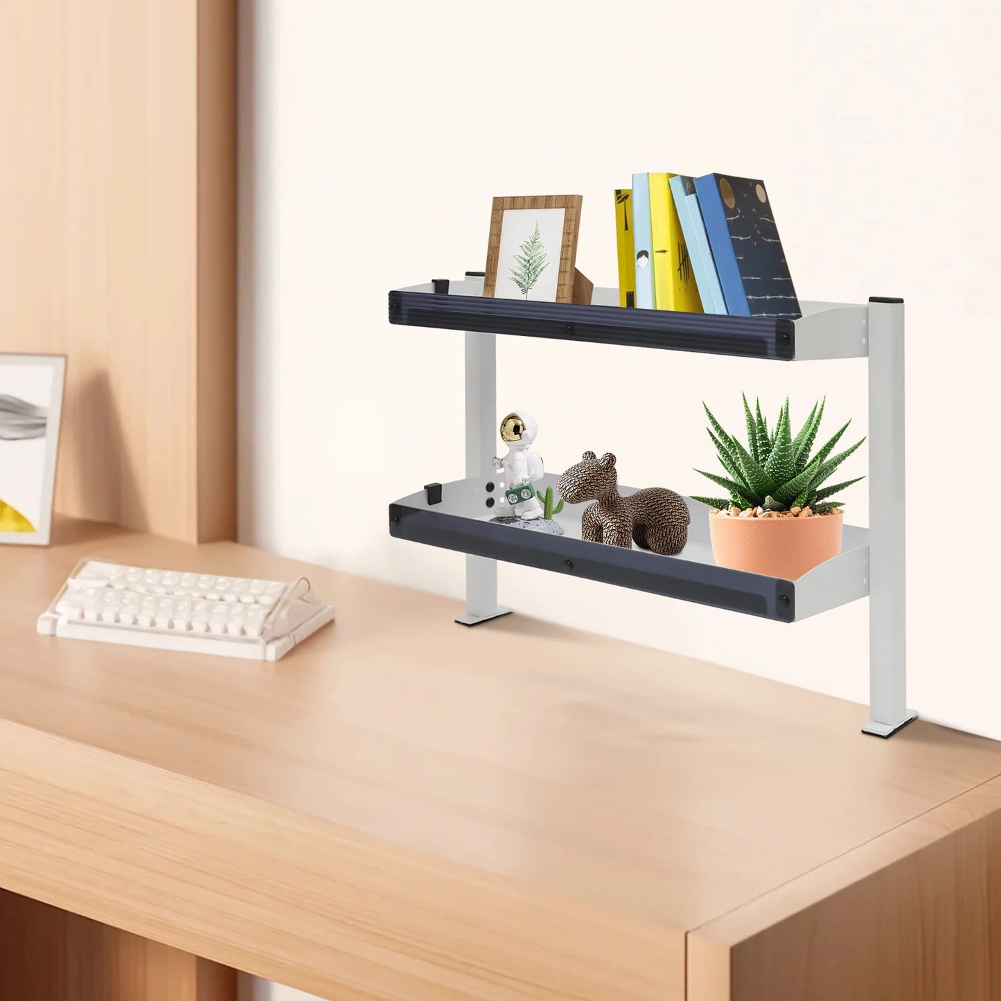 2-Tier Clamp-On Desk Shelf 10kg Per Tier Organizer for Laptop Office Supplies Black/White Fits 1.7in Desk Home Office Storage