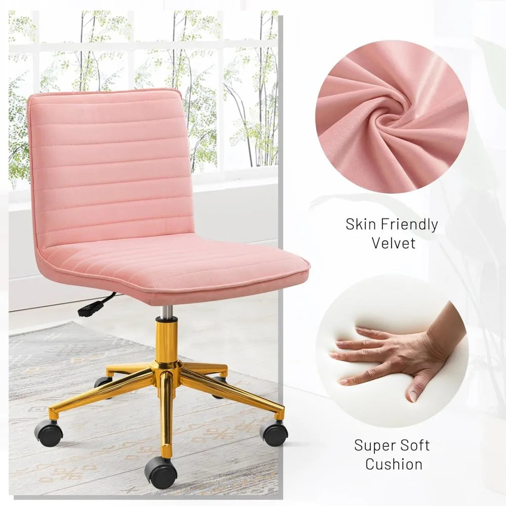 Furniliving Armless Vanity Chair with Wheels, Computer Rolling Desk Chair with Back, Pink Office Chair with Height Adjustable So
