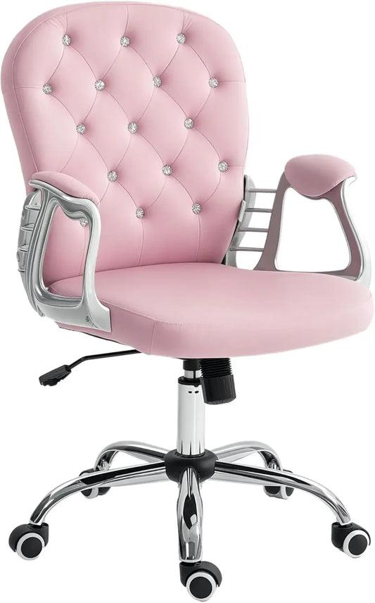 Velvet Home Office Chair, Button Tufted Desk Chair with Padded Armrests, Adjustable Height and Swivel Wheels, Pink