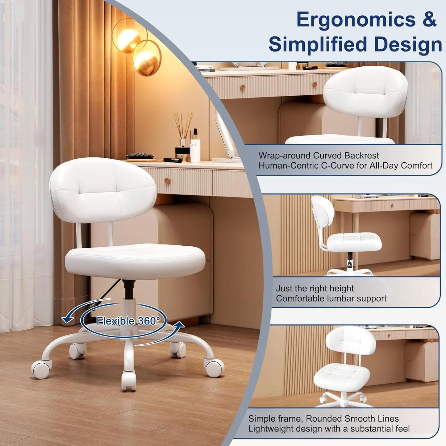 Vanity Chair with Back, Small Armless Cute office Chair with wheels and Lumbar support, Comfy PU Leather Desk Computer Chairs wi