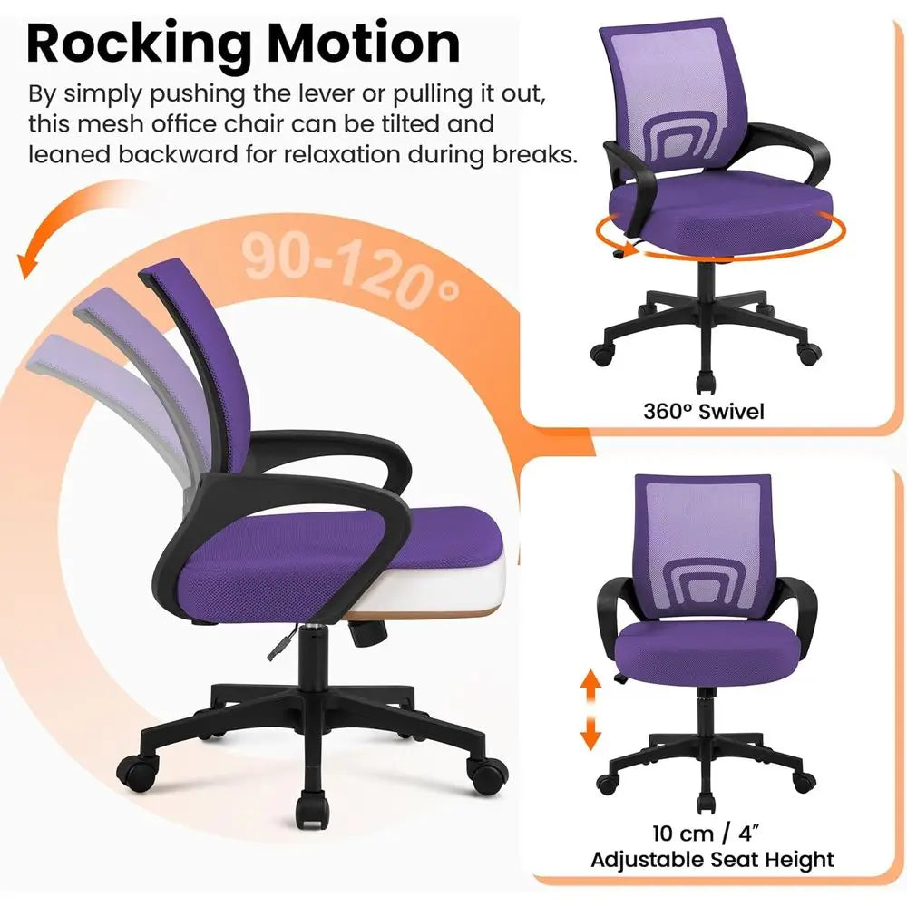 Purple Ergonomic Mesh Office Chair with Lumbar Support, Adjustable Swivel, and Wheels for Comfortable Use at Home or Work