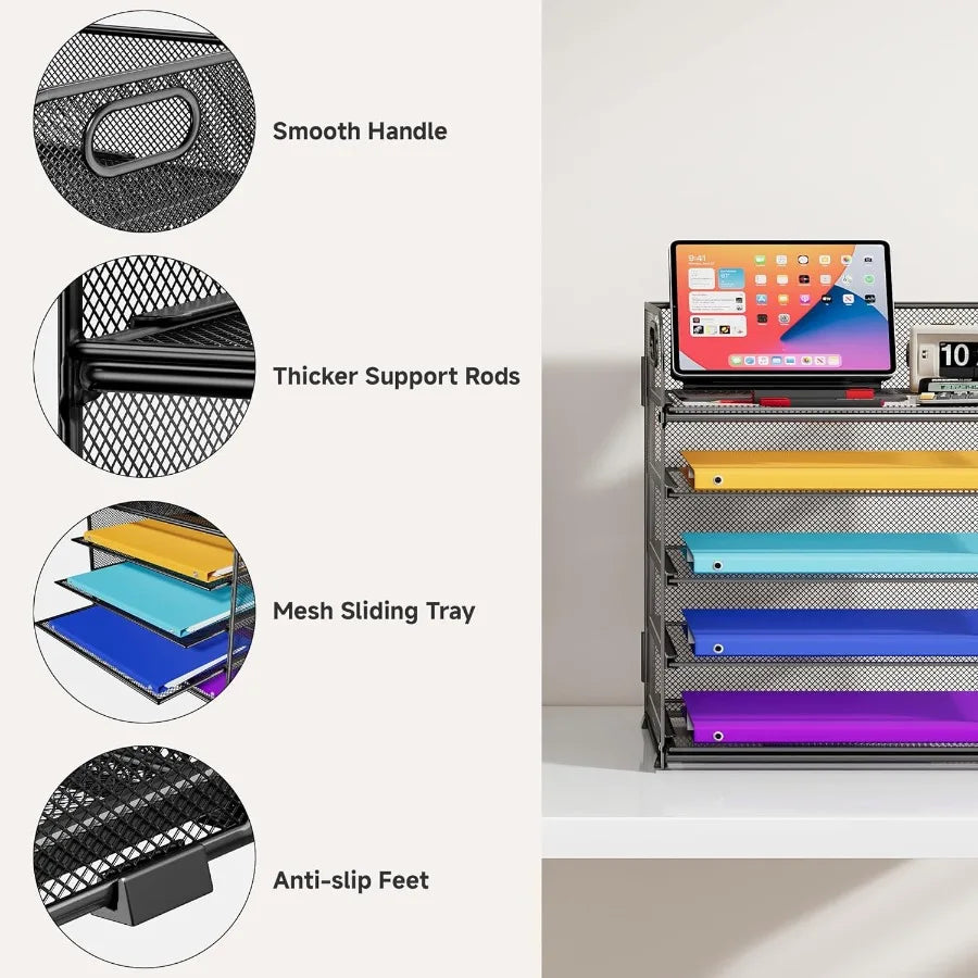 5 Tier Paper Organizer with Handle for Classroom School and Office Use Metal Mesh Desk Organizer with File Folder Storage Lette